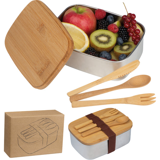 Lunchbox in stainless steel with bamboo lid and cutlery set