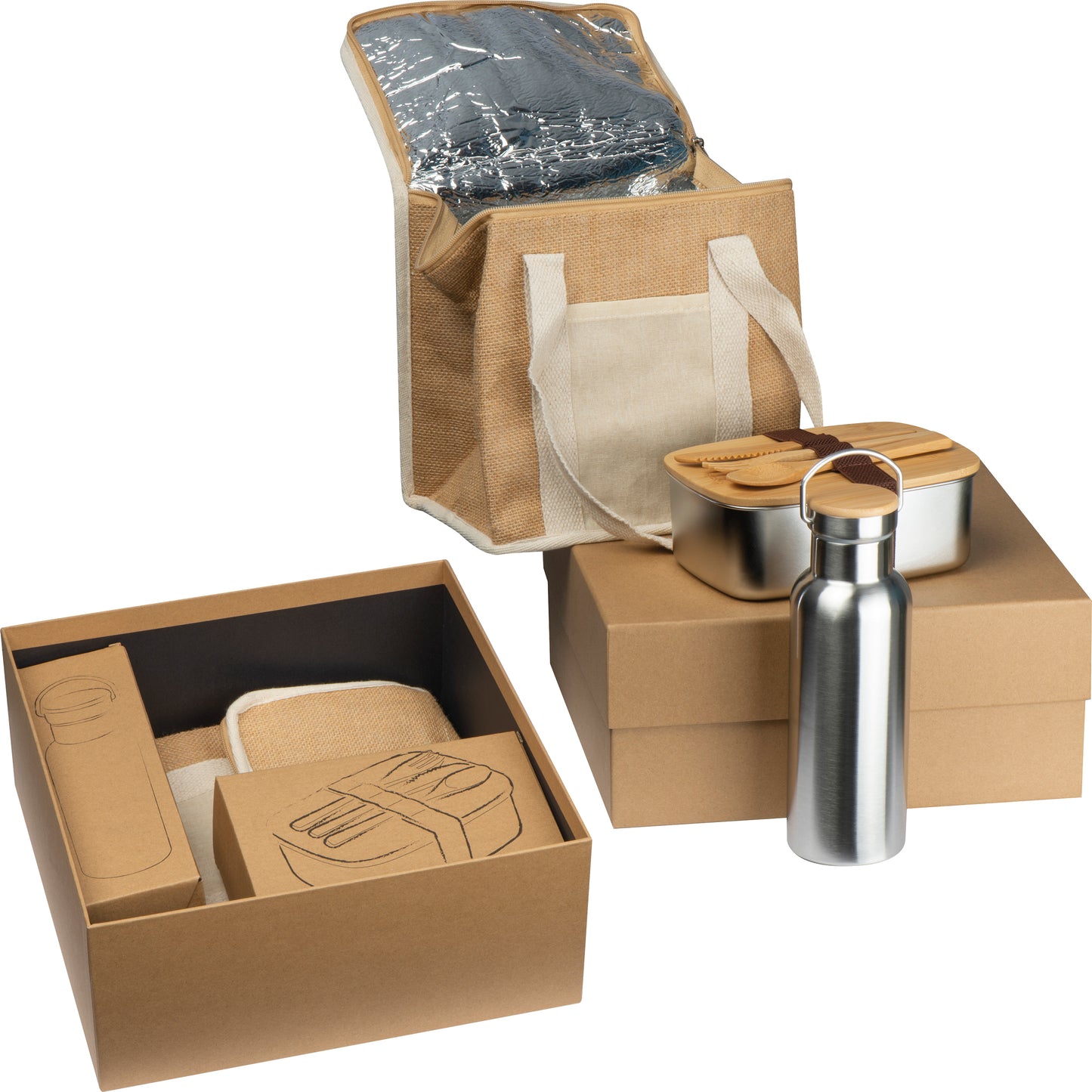 Lunch set w/ Jute Cooler Bag, Drinking Bottle and Lunch Box