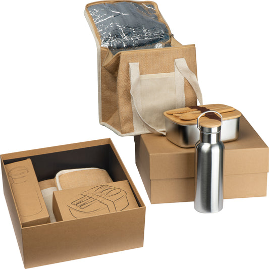 Lunch set w/ Jute Cooler Bag, Drinking Bottle and Lunch Box