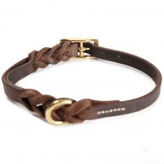 Dog Collar – Double Braided / Brown Leather - Brass accents